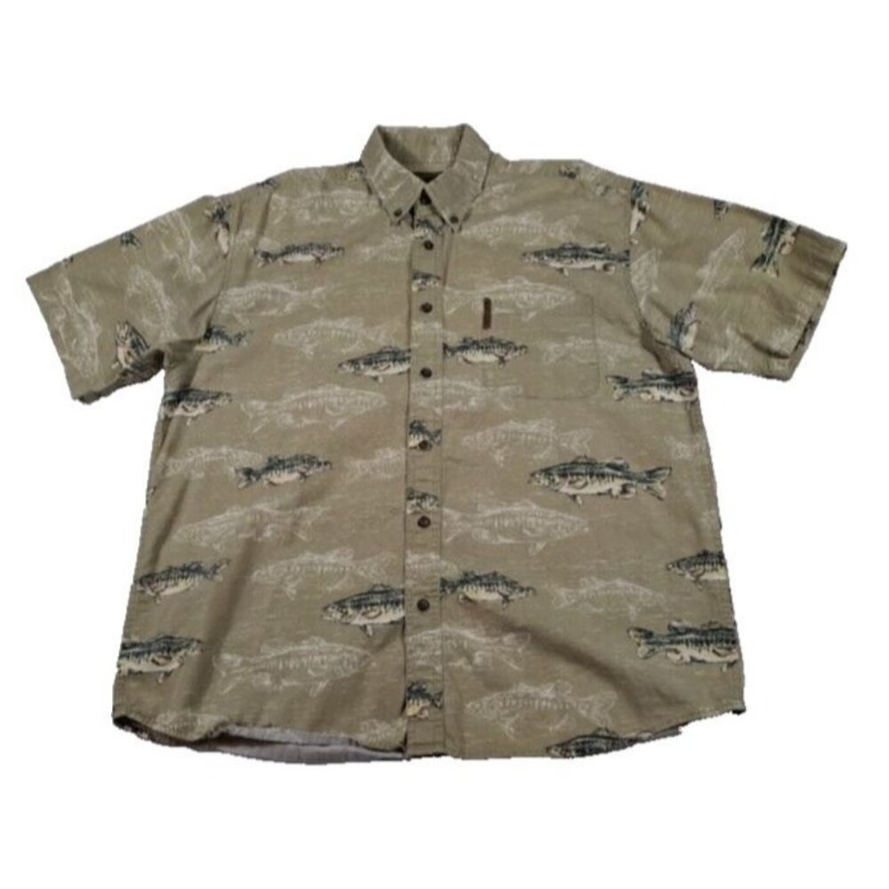 Magellan Shirt Men's XL Green Fish Print Button Up Short Sleeve Pocket Dad
